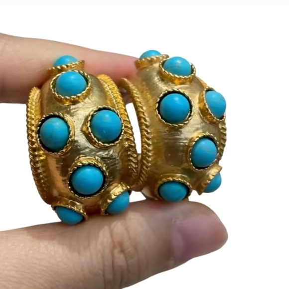 Chunky Oversized Matte Gold Byzantine Turquoise Cabochon Hoop Earrings - Picture 5 of 6